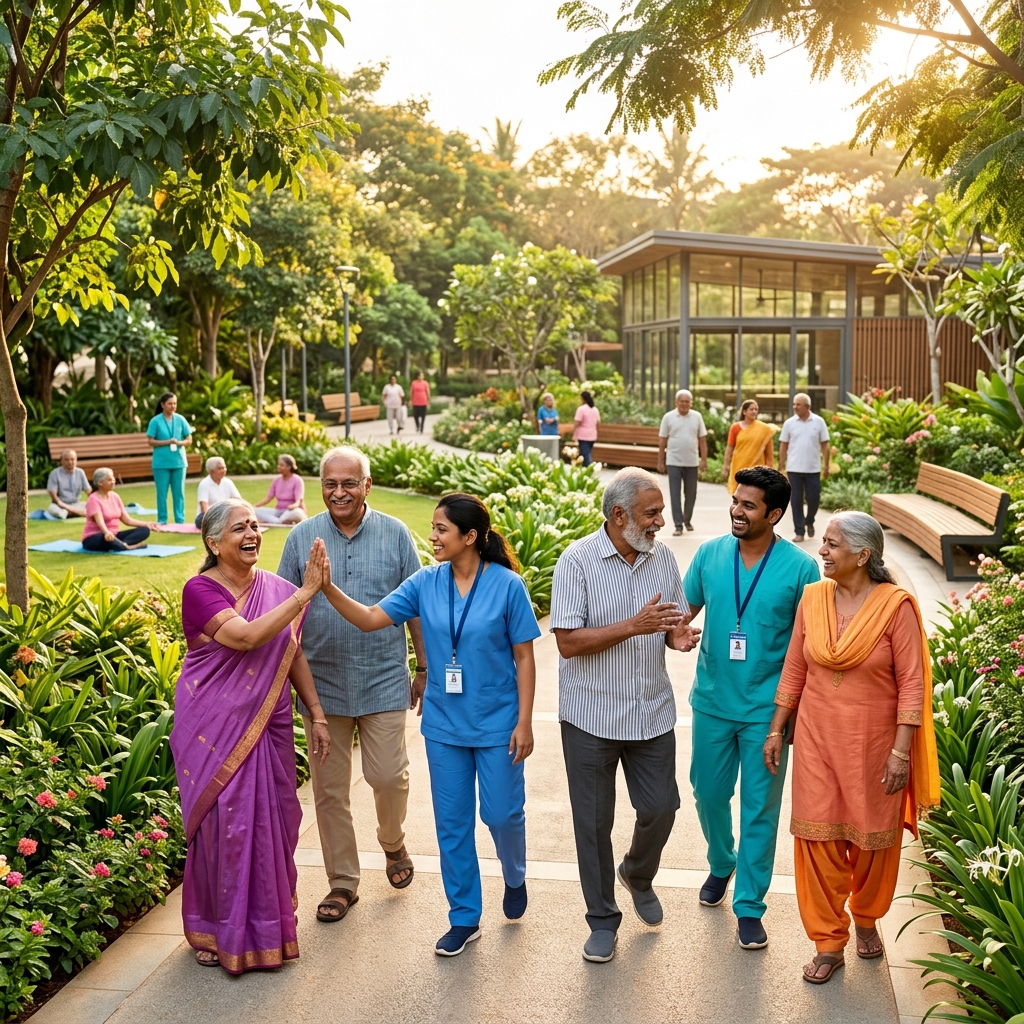 Active and healthy Indian senior adults engaging in community activities